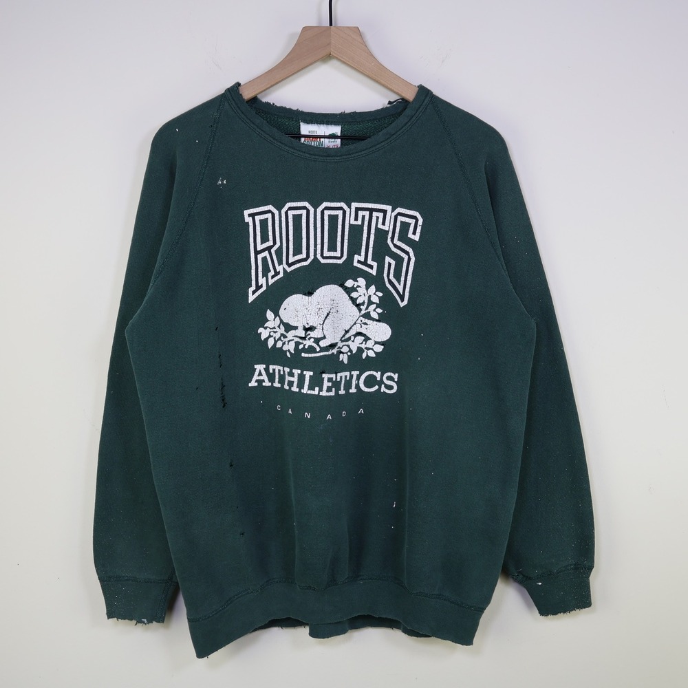 Vintage 90s Roots Athletics Canada Sweatshirt XL Green Cotton Distressed Grunge
